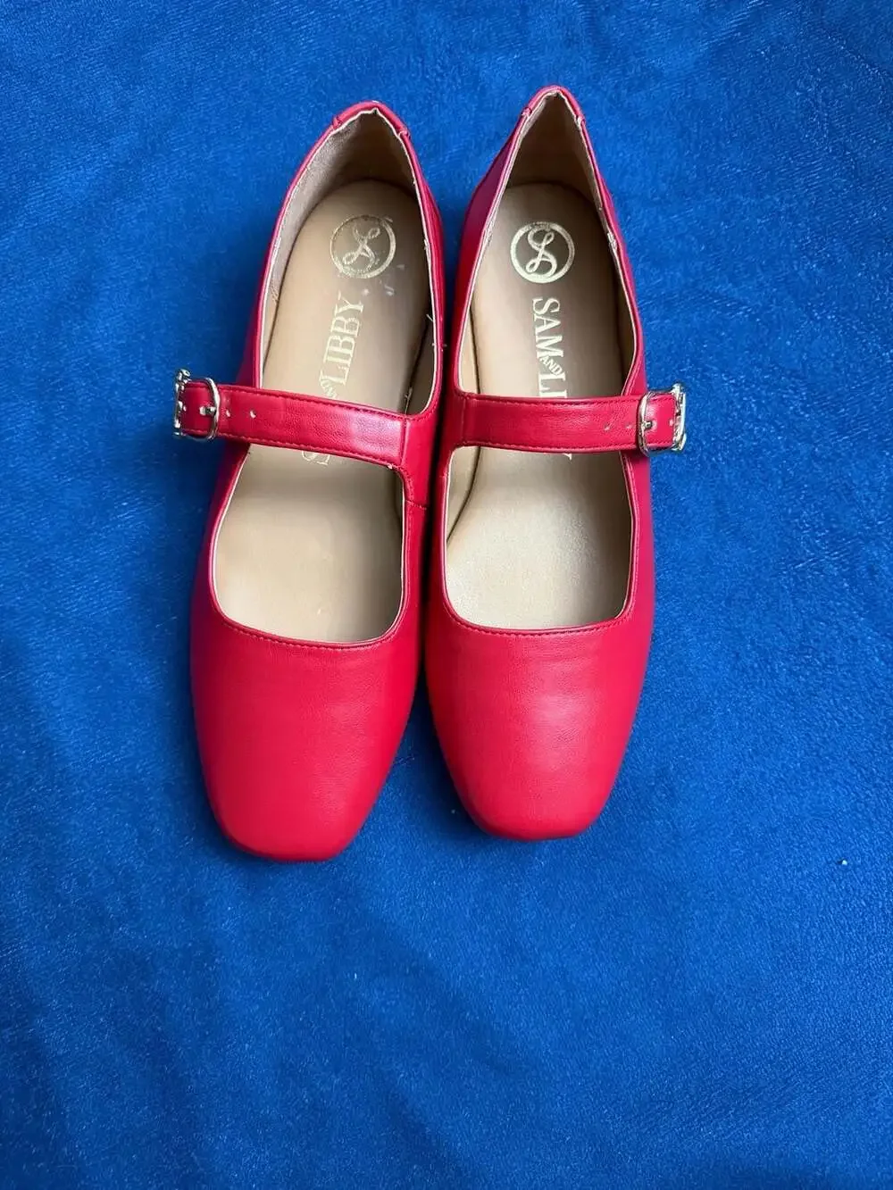 Sam & Libby Red Mary Jane Flats with Square Toe and Buckle Strap